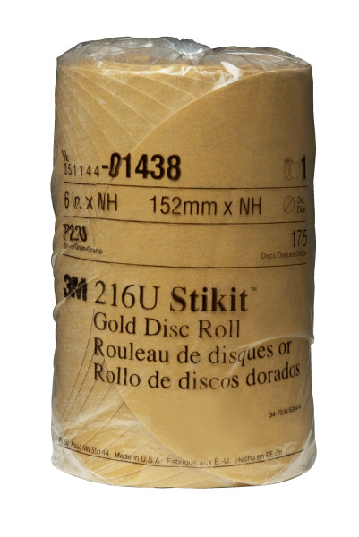 14383m 6" Nh 220a Stikit Gold Discgold Disc Roll, 014386 In, P220175 Disc Per Roll6 Rolls Per Case3M 6X NH 220A Stikit Gold Disc Roll, 01438, 6 in, P220, 175 discs per roll, 6 rolls per case